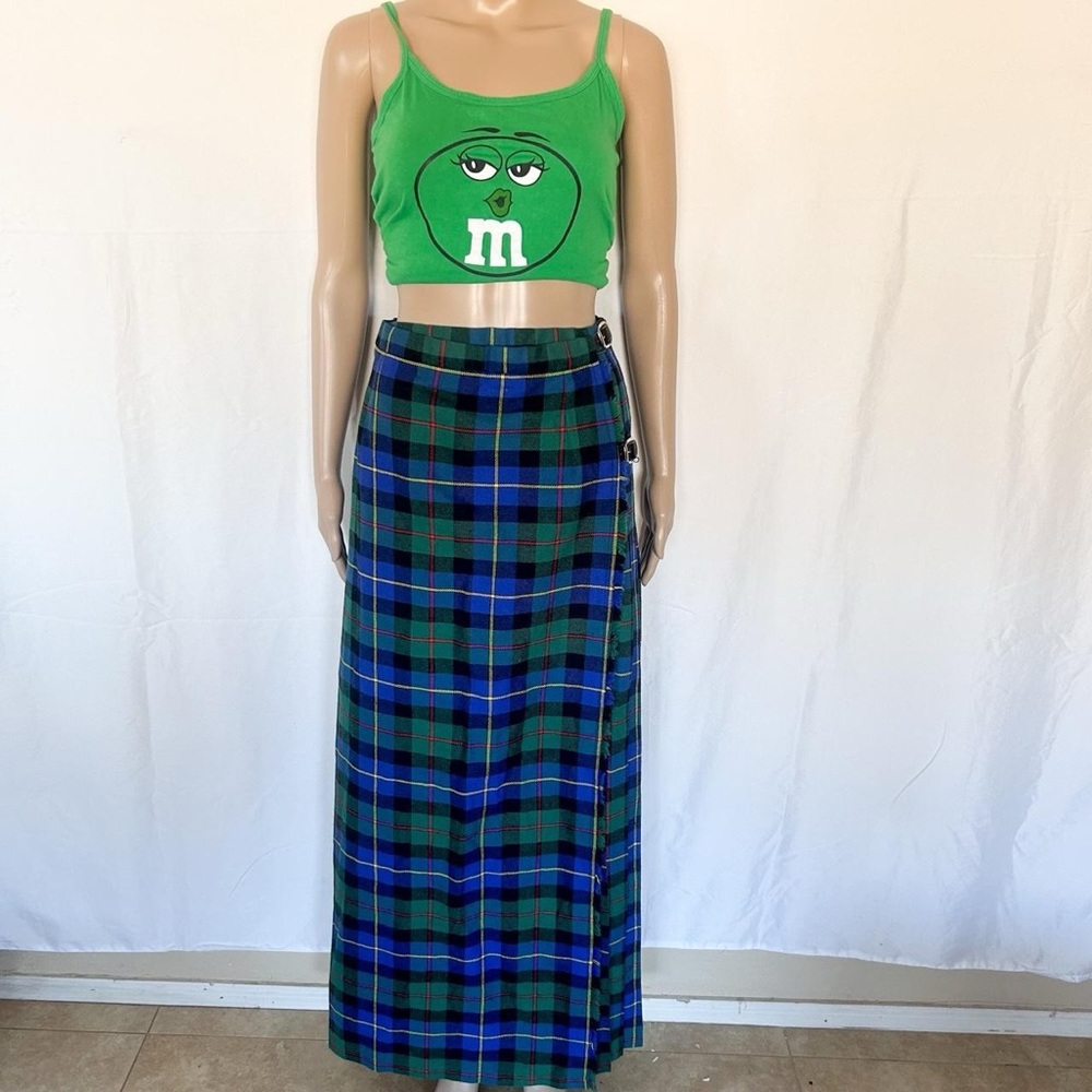Vintage Green and blue plaid wool maxi skirt